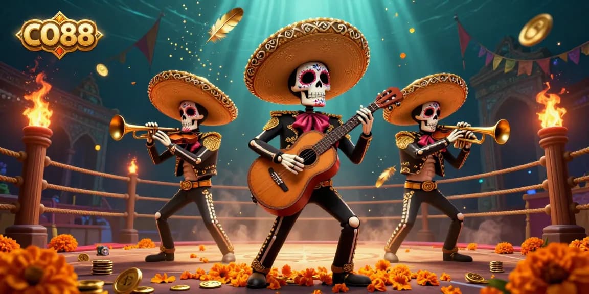 Engage with CO88's vibrant Day of the Dead mariachi band in a dynamic gambling scene.