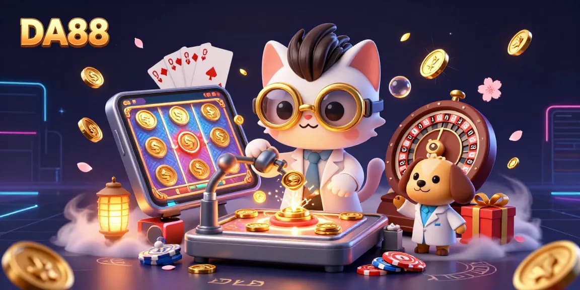 Experience thrilling gameplay with DA88 as a mad scientist cat and dog create games surrounded by vibrant casino elements.