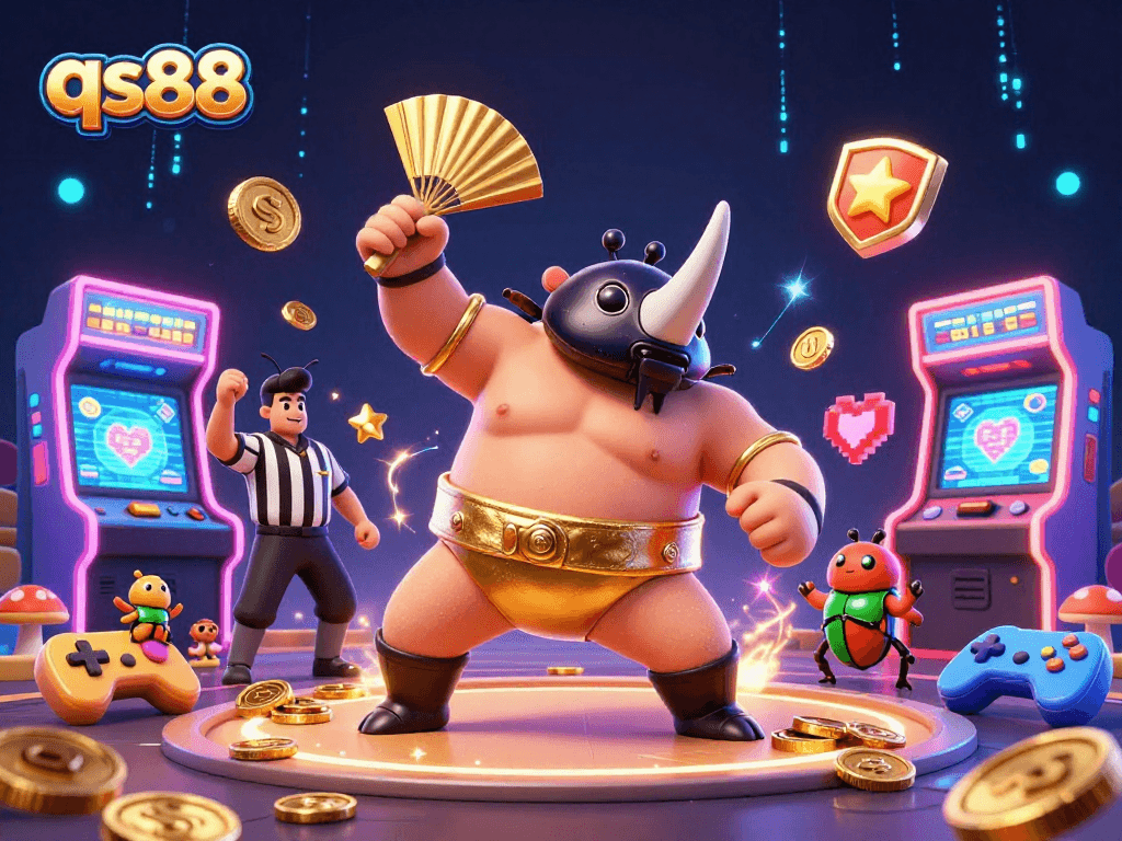 Experience thrilling gameplay at qs88 with a vibrant scene of cartoon characters amidst flying coins and arcade machines