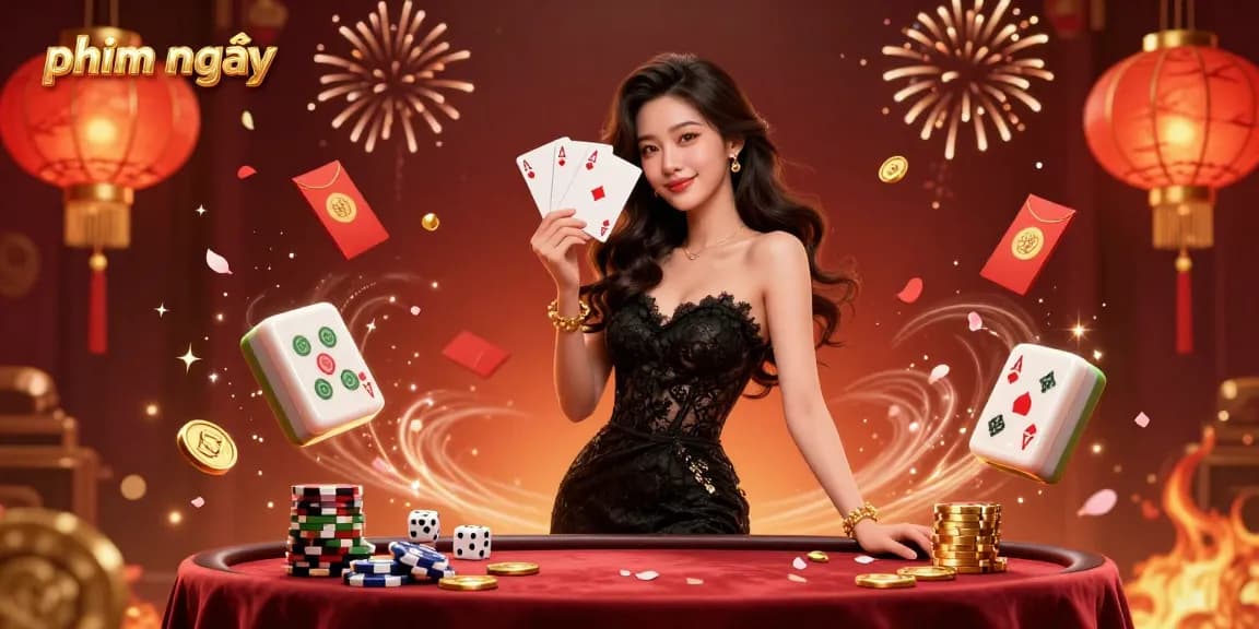 Experience phim mới with a captivating Asian woman holding ace playing cards in a vibrant casino setting.