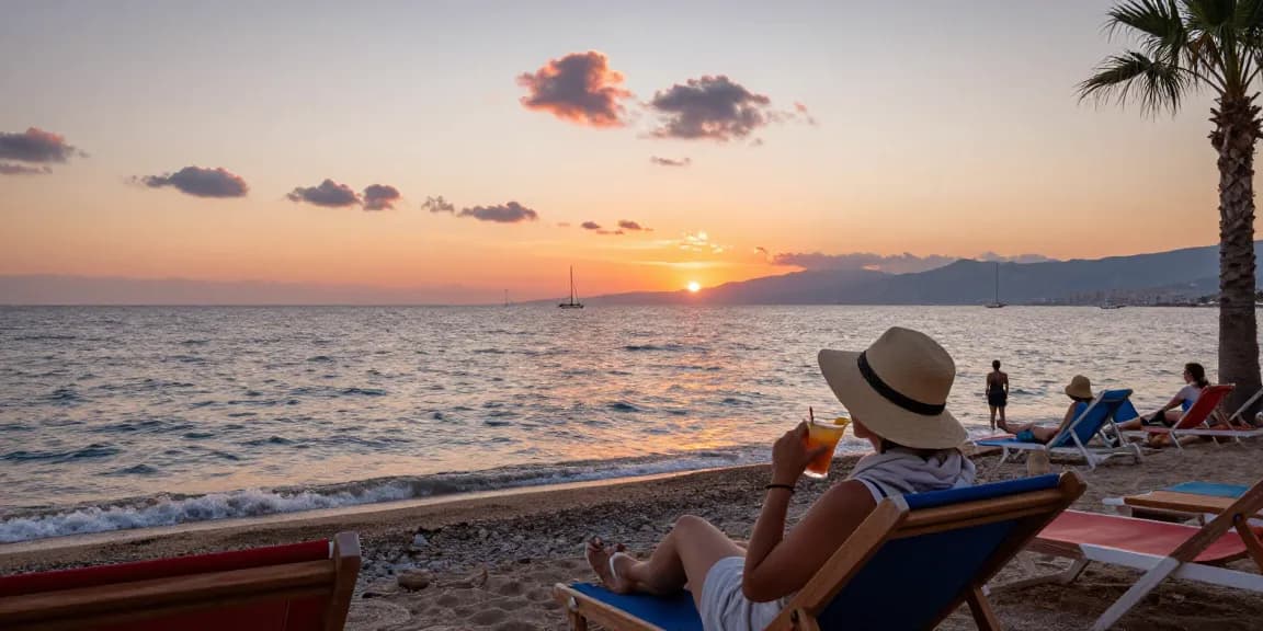 Antalya weather October evening at a beach with sunset hues and a traveler relaxing.