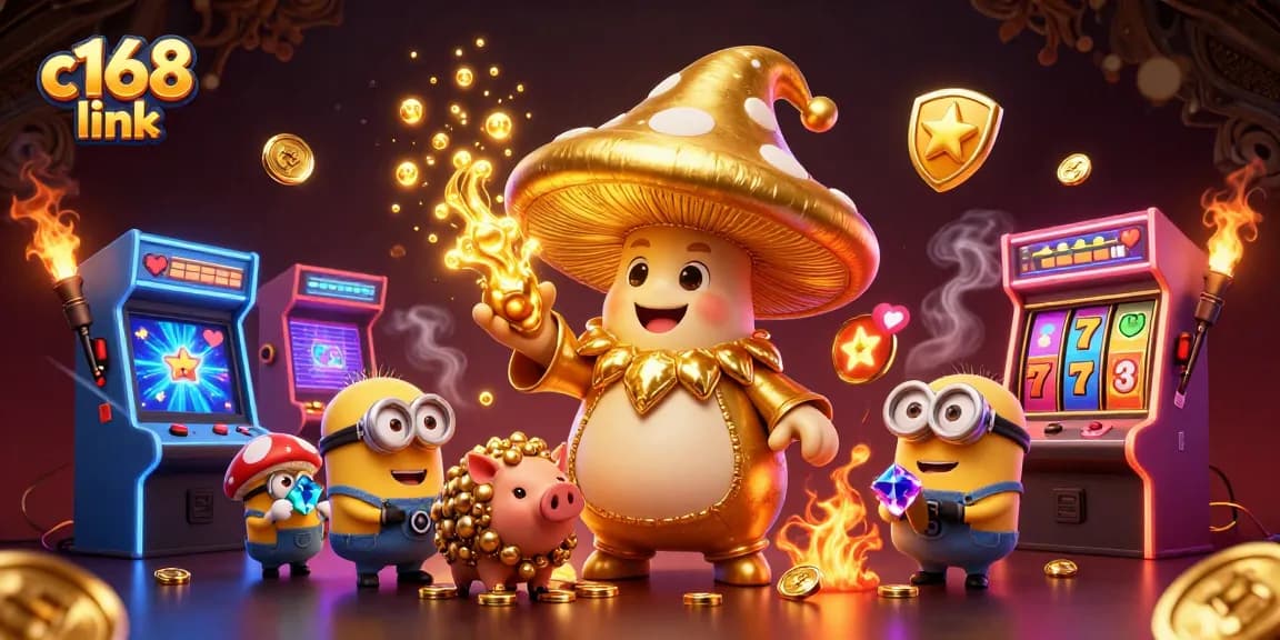 C168 link captures magical winnings with a golden mushroom wizard and treasure-hunting pig amidst vibrant arcade elements.