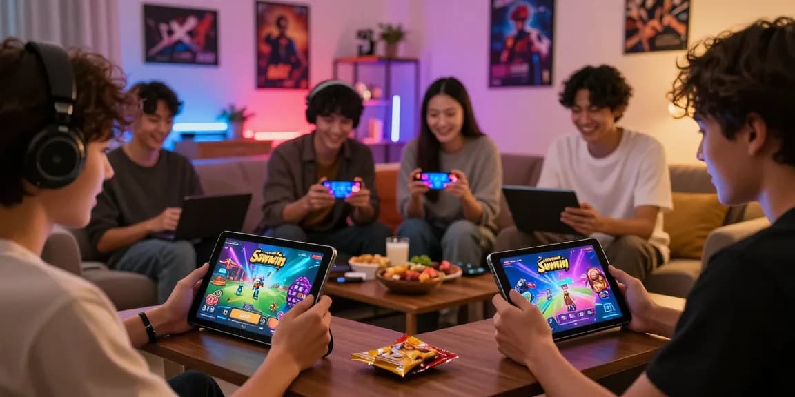 Players enjoying Sunwin games on mobile devices in a vibrant gaming environment