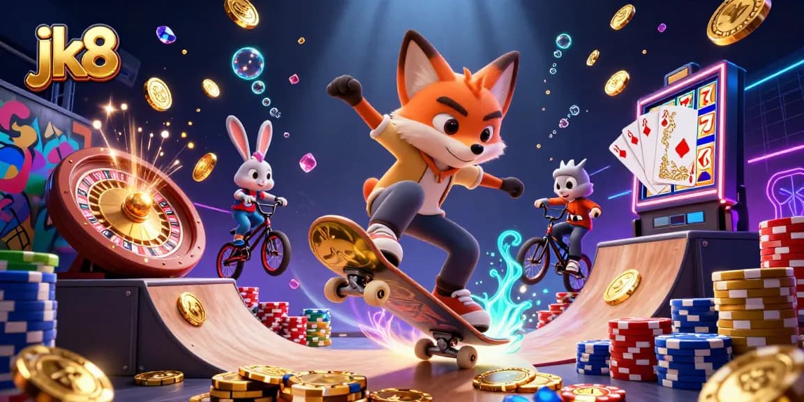 Experience the vibrant energy of jk8 with a lively casino-themed 3D scene featuring a fox and bunny in action.