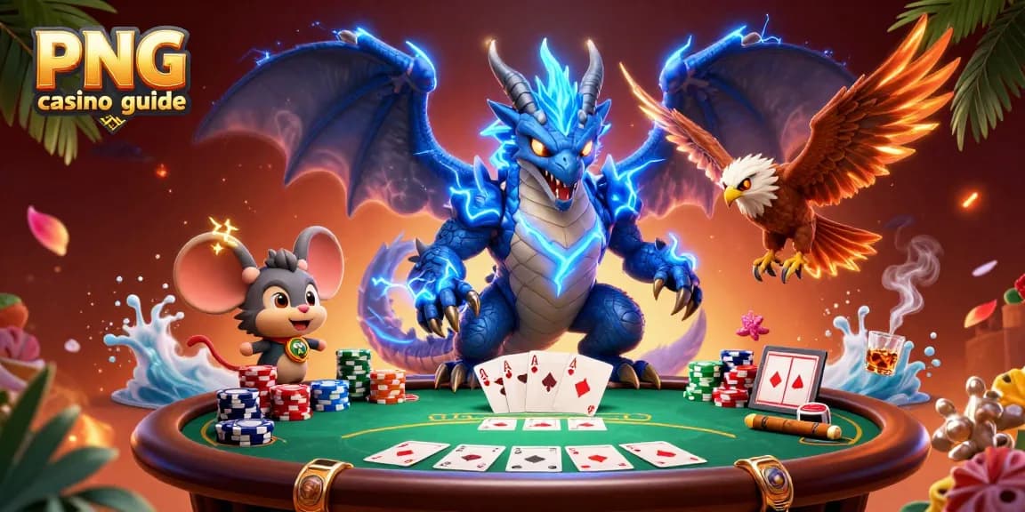 Engage with the PNG casino guide featuring a vibrant 3D illustration showcasing thrilling poker elements and dynamic characters.