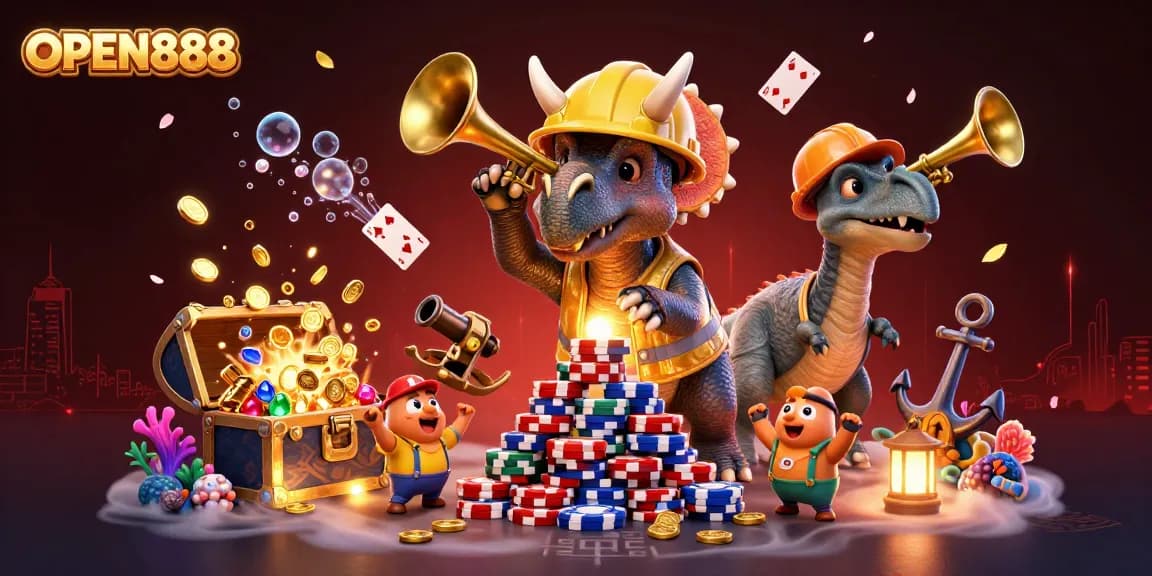 Experience the thrill of gaming at OPEN888 with a festive scene of characters celebrating amidst casino elements.