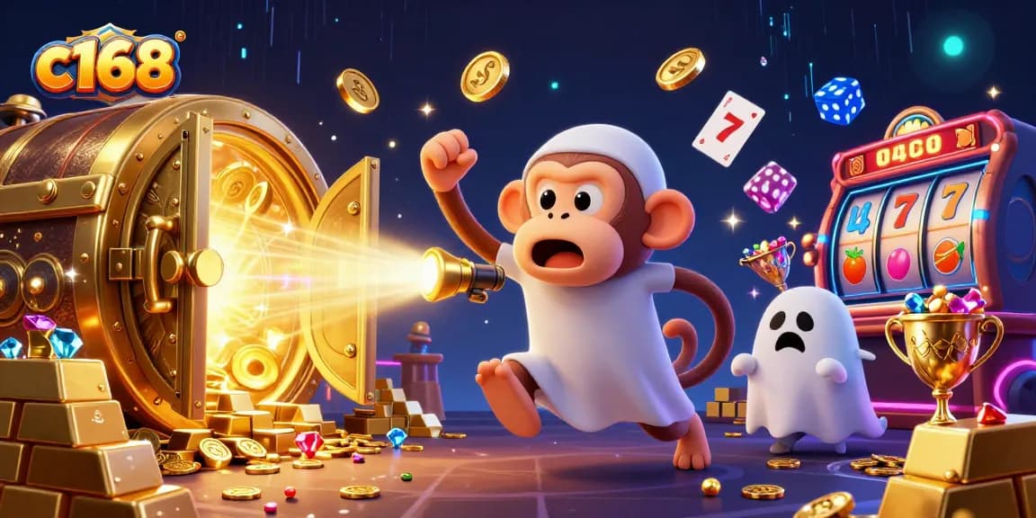 Experience thrilling slots at c168 while a playful ghost juggles treasures in a lively casino scene.