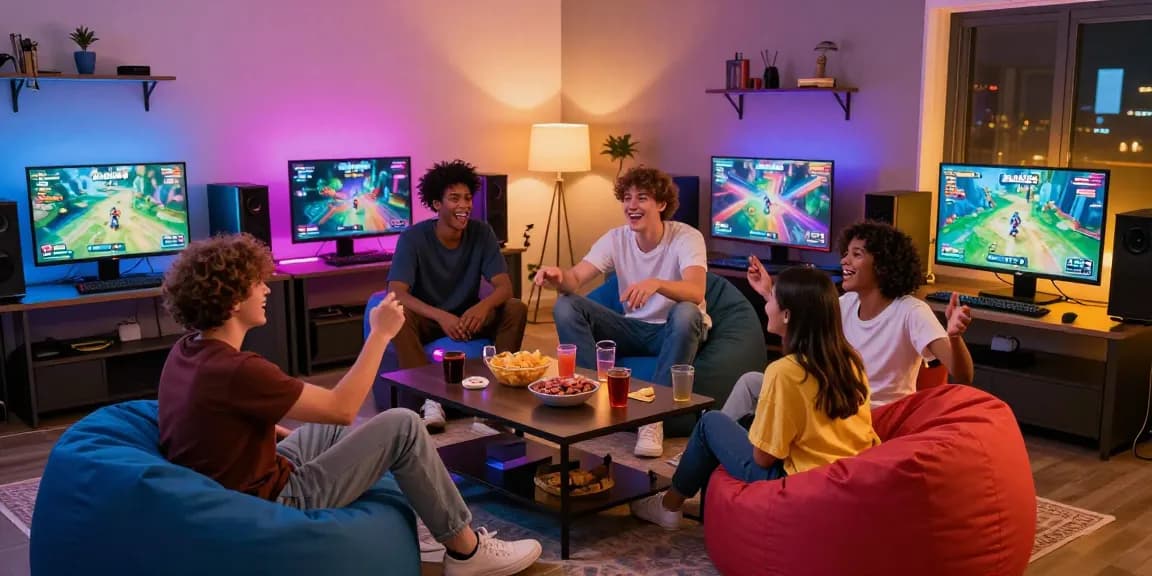 Friends playing exciting hentaigames in a vibrant living room setting with snacks and colorful LED lights.
