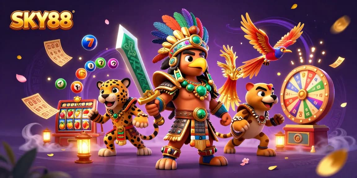 Experience SKY88 with vibrant illustrations of slots, lottery, and gambling excitement.
