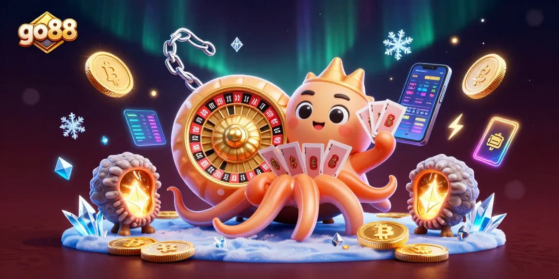 Engage with go88's vibrant 3D casino world featuring a nautilus roulette wheel and glowing crypto coins.