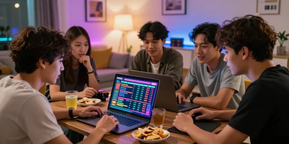Pemain togel online asyik berdiskusi pilihan taruhan sambil menikmati suasana nyaman di ruang tamu.