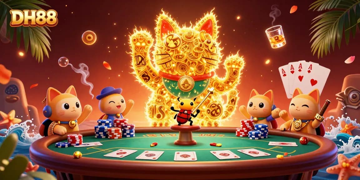 Experience the DH88 casino adventure with a lucky cat and vibrant gaming elements.