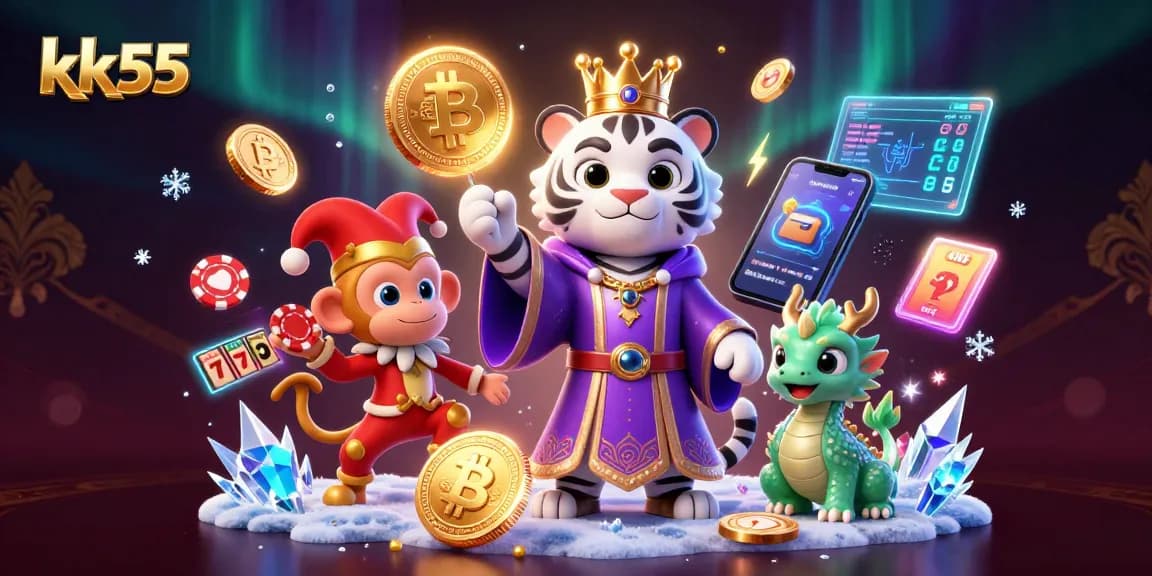Engage in thrilling gameplay at kk55 with a vibrant scene of a cartoon tiger and monkey amidst casino elements.