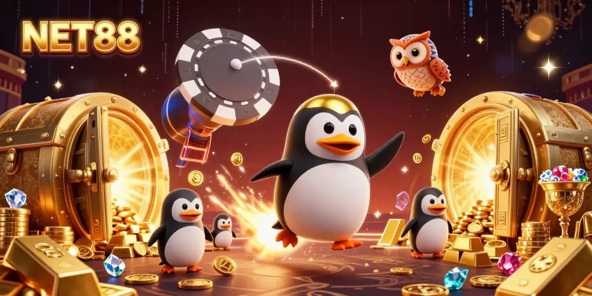 NET88 illuminates the casino universe as a golden penguin rockets through space to a massive poker chip station.