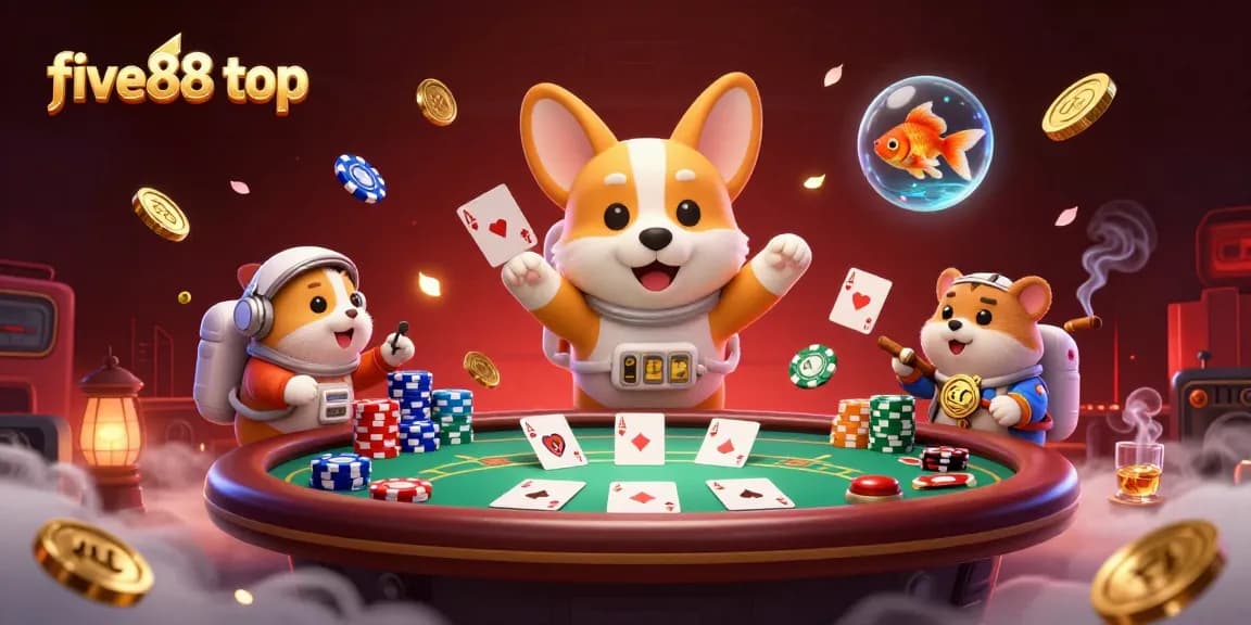 Experience the excitement of five88 top with a vibrant 3D casino scene featuring playful characters.