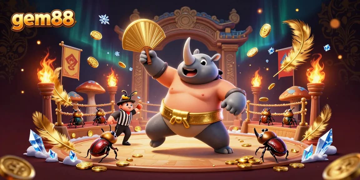 Experience the action of gem88 with a sumo beetle champion winning while golden coins fly.