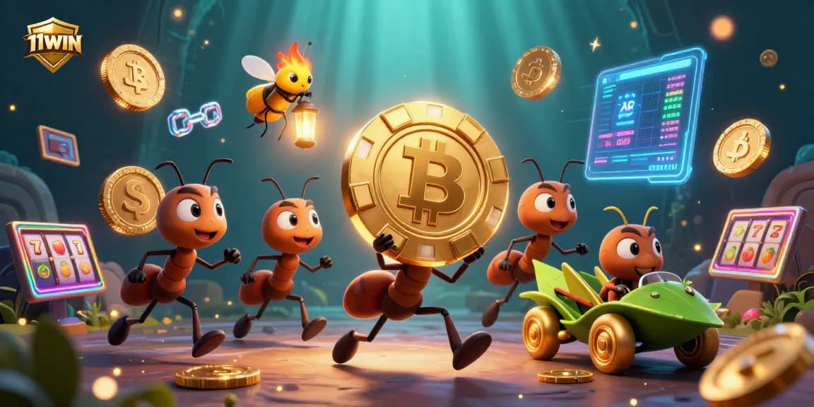 11WIN slot heist scene with animated ants, crypto coins, and vibrant casino elements.