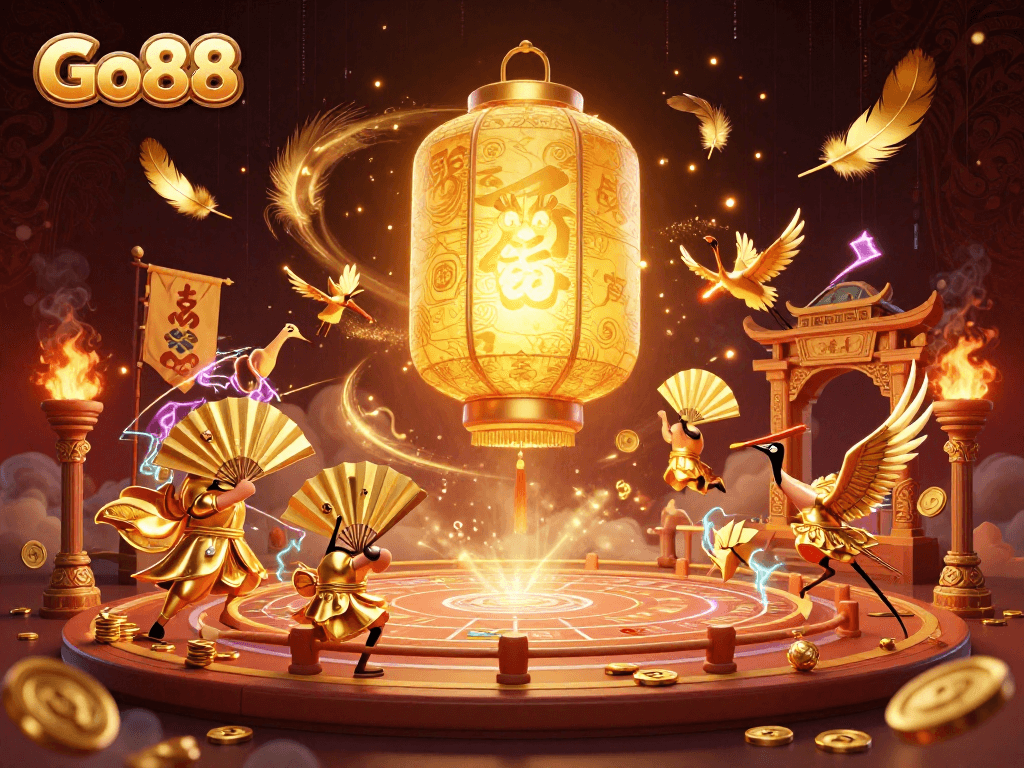 Experience thrilling gaming with Go88's captivating online casino atmosphere illuminated by vibrant characters and elements.