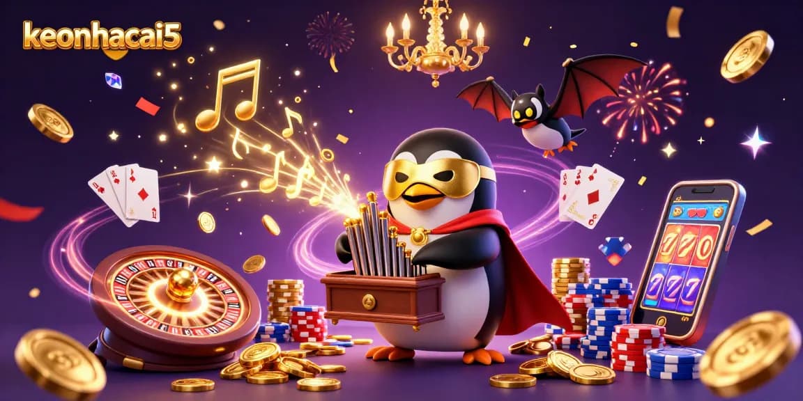 Experience excitement with the keonhacai5 penguin playing organ while coins cascade in a vibrant casino scene.