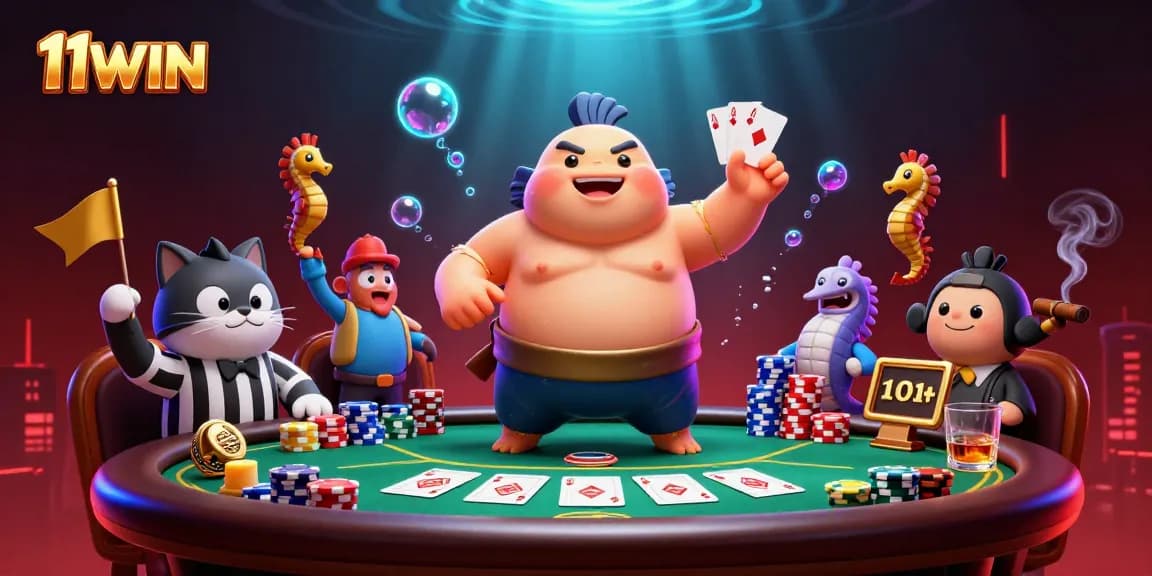 Engage at the vibrant poker scene with 11WIN's fugu character and iconic game elements.