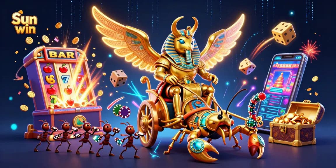 Experience the thrill of winning with Sun win's stunning casino illustration featuring a golden scarab chariot.