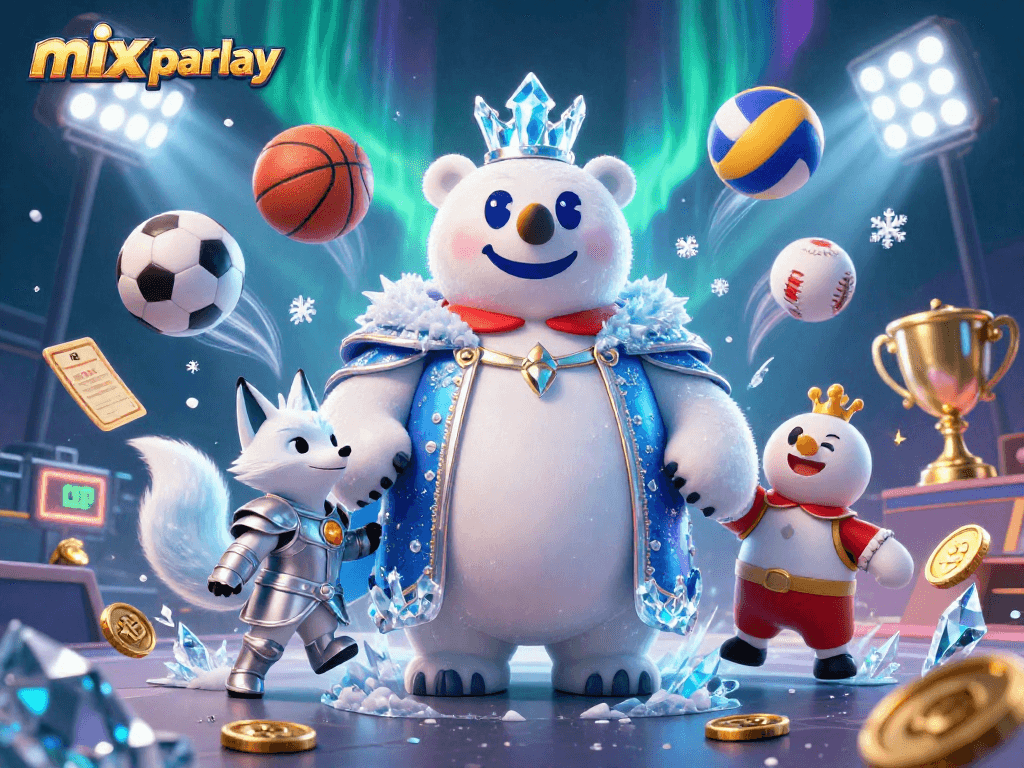 Bet on exciting games with mix parlay featuring playful polar bear and snow fox in a vibrant casino scene.