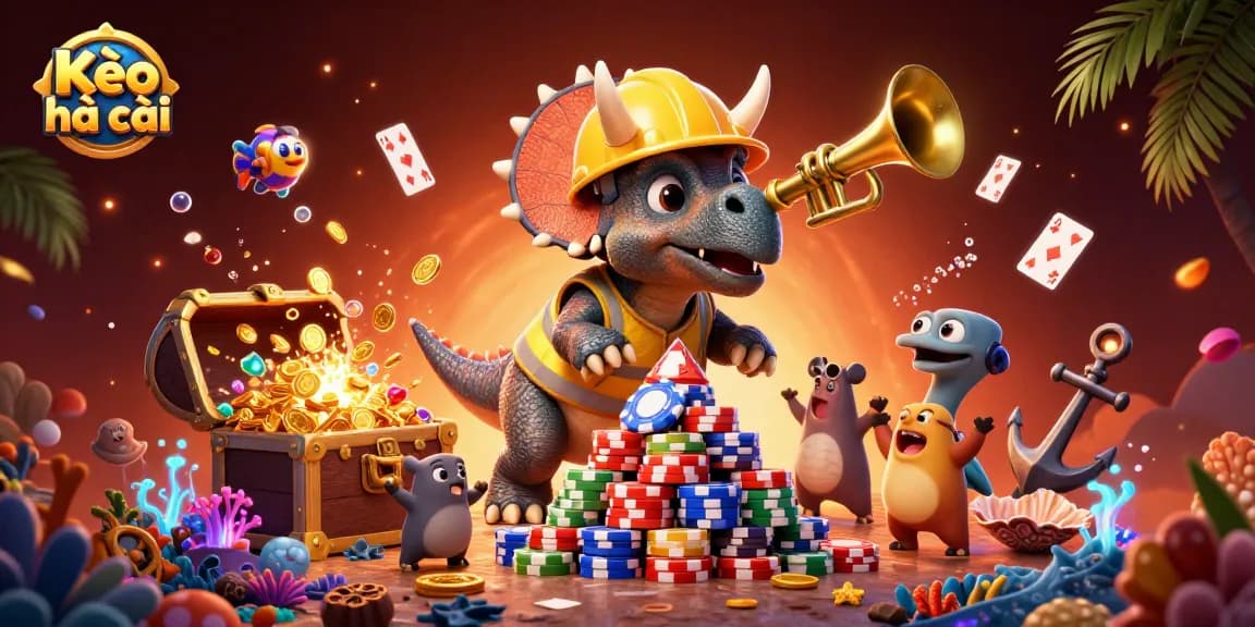 Kèo nhà cái showcases an energetic scene with vibrant characters celebrating a poker chips pyramid, fulfilling a gambling theme.