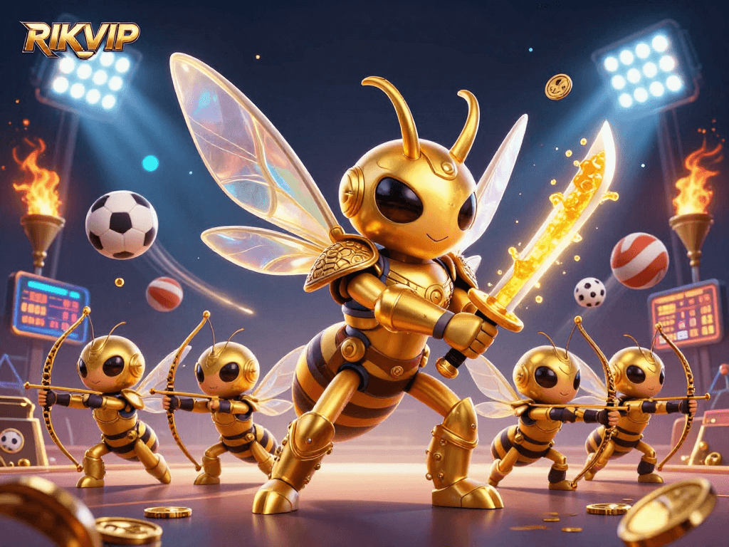Engage with RIKVIP in immersive gaming adventures highlighted by dynamic golden characters and sports elements.