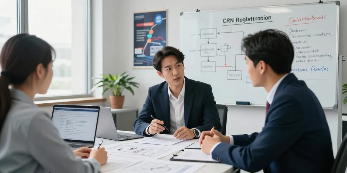 CRN Registration Canada consultation scene with licensed engineer and client discussing regulatory processes in modern office.