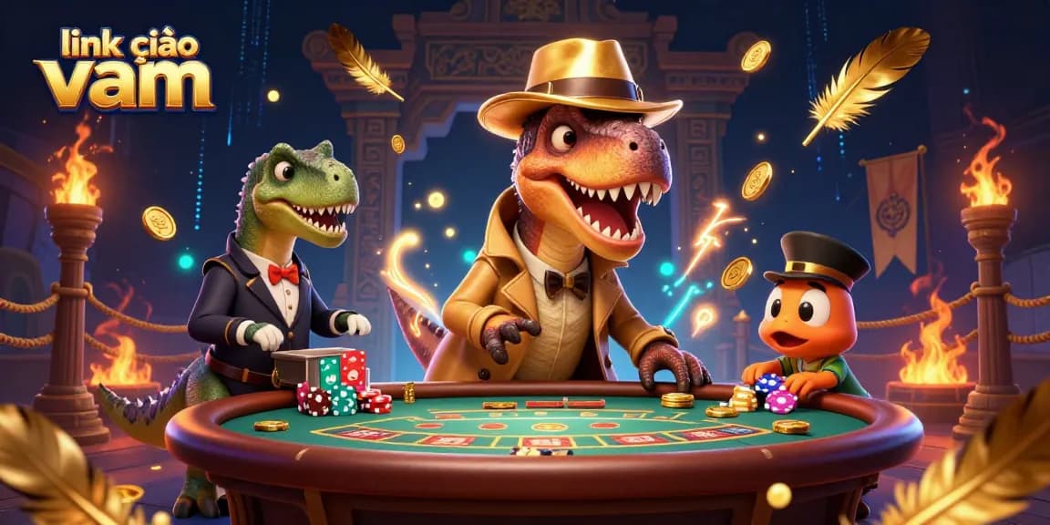 Engage with thrilling action at link vào vmax featuring a cartoon velociraptor card counter amidst a vibrant casino scene.