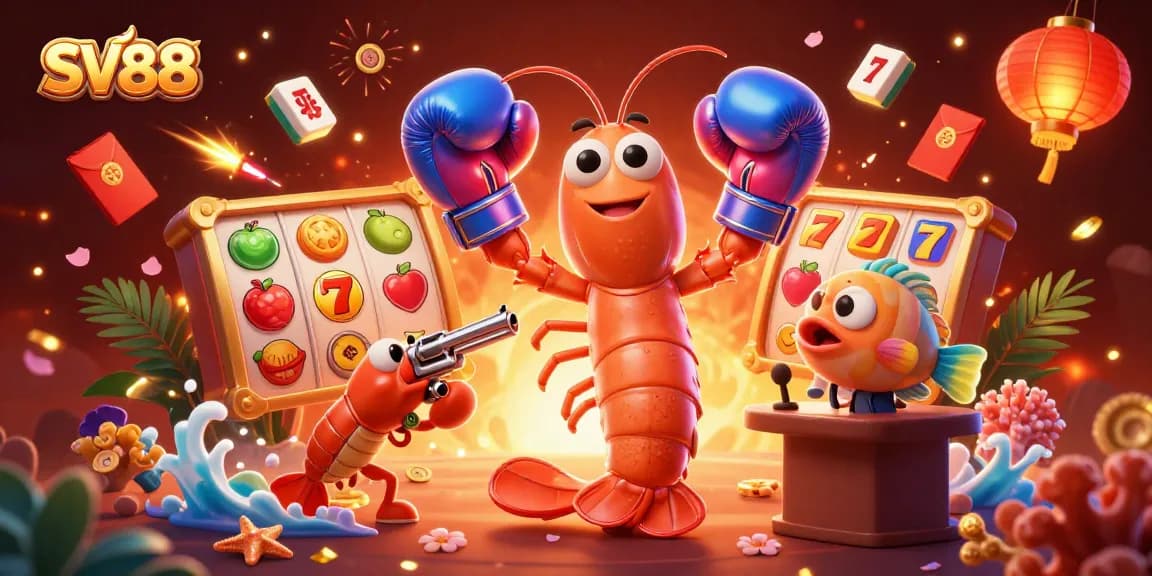 SV88 captivates players in a vibrant casino scene with dynamic slot reels and lucky symbols.