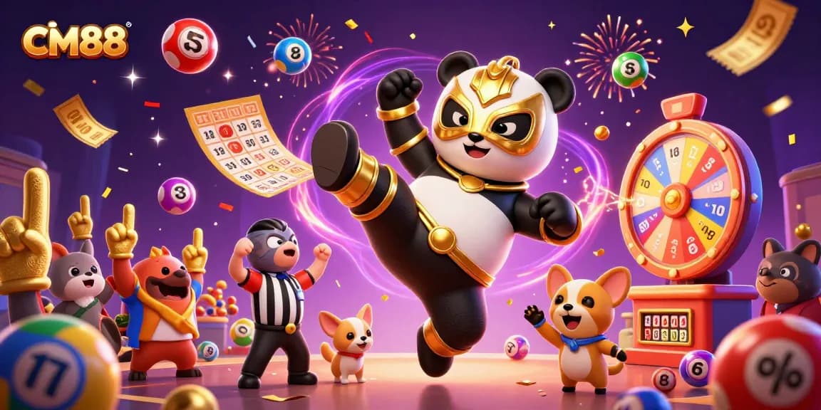 cm88 engages players with a thrilling 3D illustration of a panda wrestler and exciting gaming elements.
