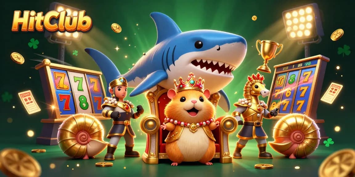Win big at HitClub with the golden hamster king and dynamic slot reels in a vibrant casino scene.