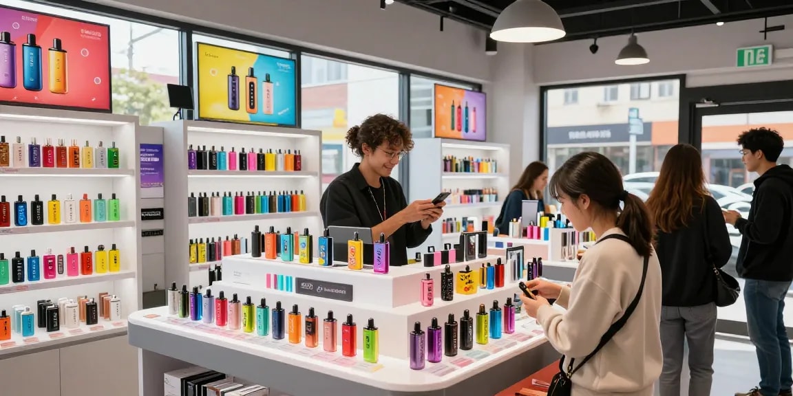 Top disposable vapes shop in USA showcasing a variety of high-puff vape products in a vibrant retail space.