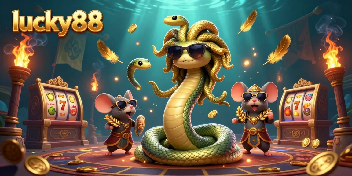 Experience the thrilling world of lucky88 slots alongside Medusa and a warrior mouse in a vibrant casino scene.