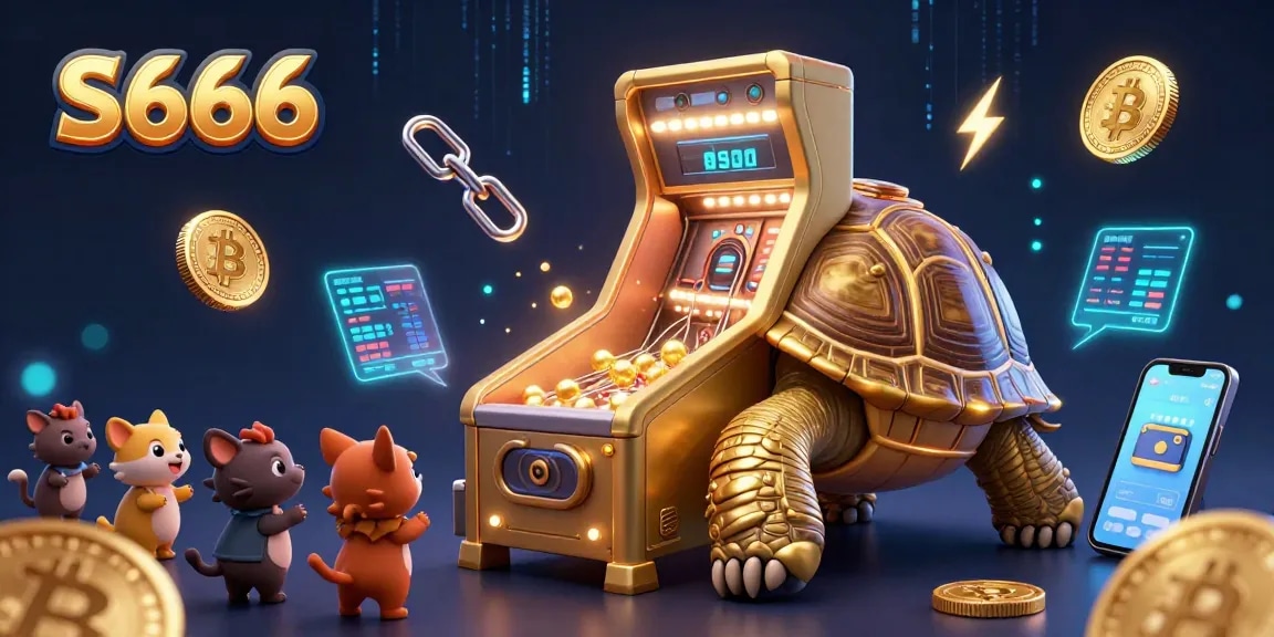 Engage with the exciting world of S666 gaming featuring a vibrant 3D cartoon illustration of a golden tortoise pinball machine amidst dynamic crypto elements.
