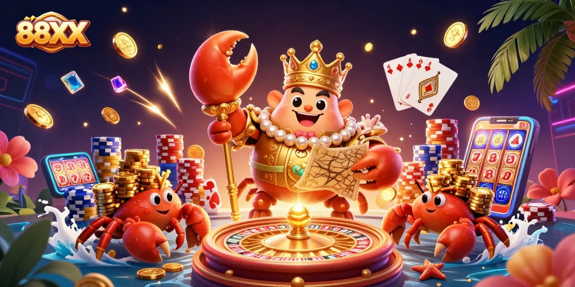 Experience thrilling action at 88XX casino with an emperor crab surrounded by vibrant gaming symbols.