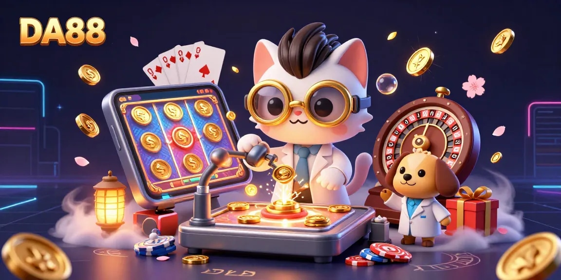Experience thrilling gameplay with DA88 as a mad scientist cat and dog create games surrounded by vibrant casino elements.
