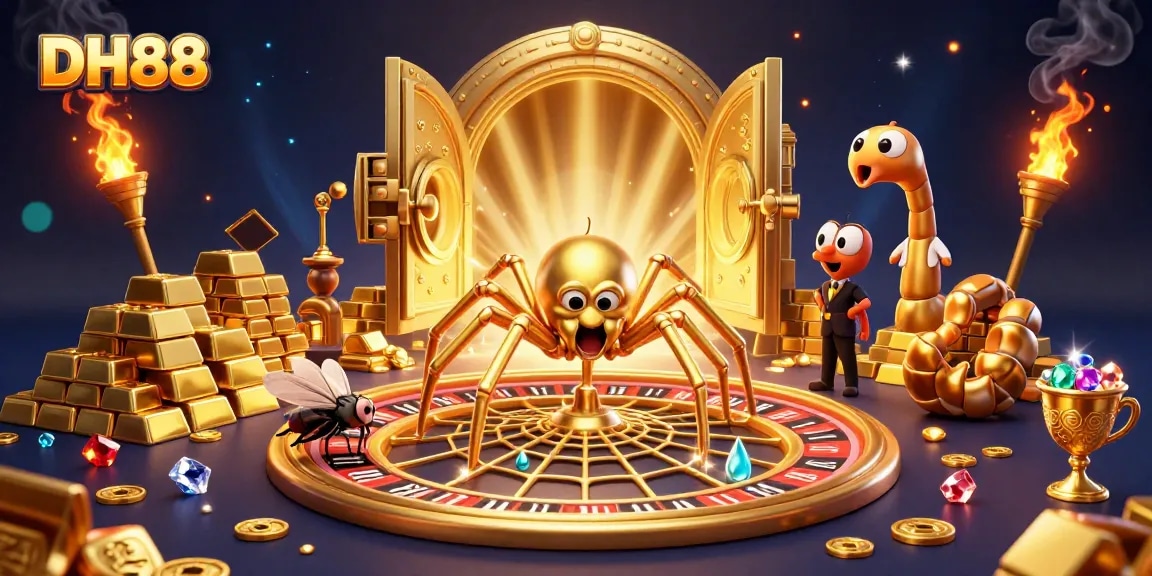 Engage with DH88's exciting roulette-themed gaming experience featuring vibrant golden treasures and dynamic characters in action.