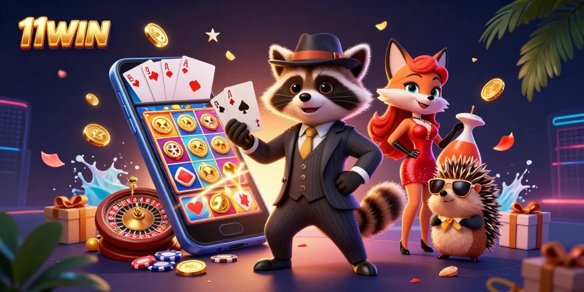 Experience the excitement of 11WIN's vibrant casino atmosphere with animated characters and games.