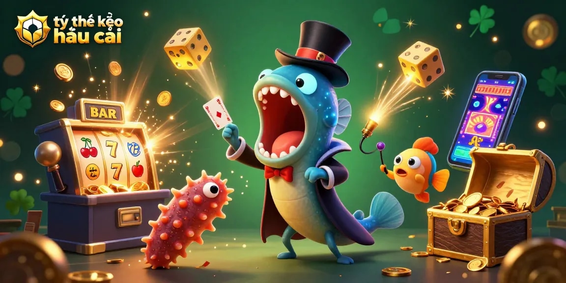 Engaging scene showing tỷ lệ kèo nhà cái with a bioluminescent eel magician, flanked by an anglerfish and magic show elements.