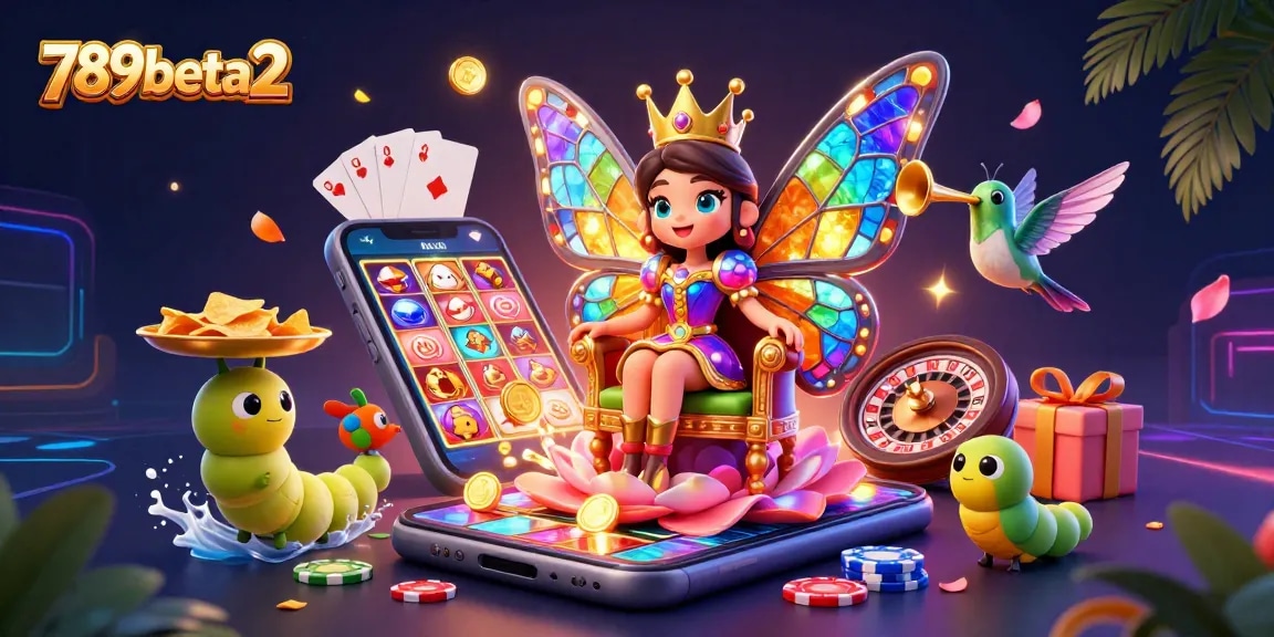 Engaging 3D illustration showcasing the vibrant 789beta2 casino environment with a butterfly queen, celebrating gaming excitement.