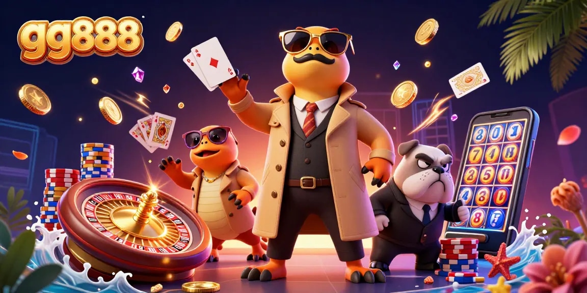 Experience excitement with gg888 where three raptors attempt casino entry, surrounded by sparkling gems.