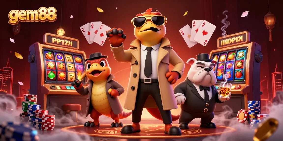 Experience thrilling action with gem88 at a vibrant VIP casino lounge filled with slots and poker elements.