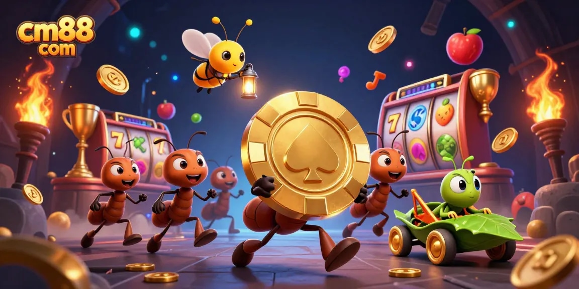 Engage in thrilling slot adventures at cm88 com with animated ants seeking golden chips in a vibrant casino.