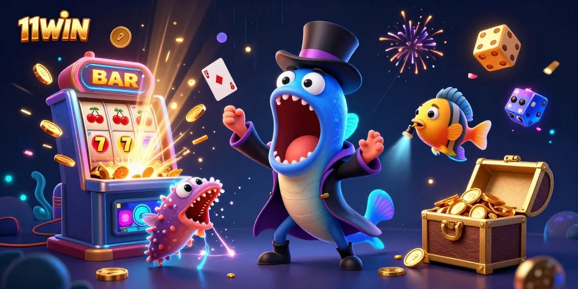 Join the fun at 11WIN with vibrant 3D casino magic featuring jackpot symbols and animated characters.