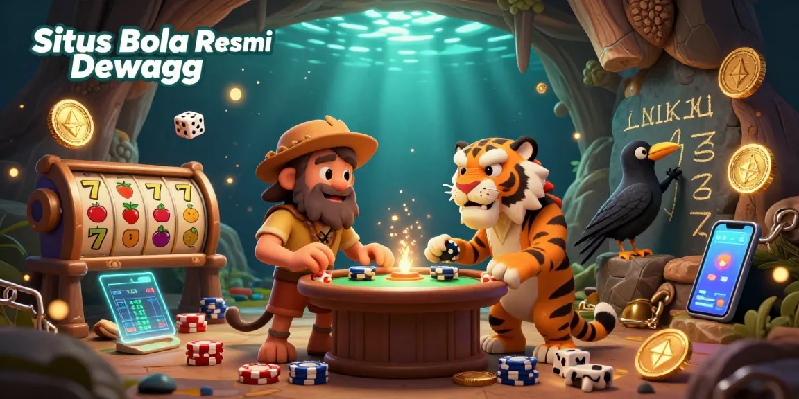 Situs Bola Resmi Dewagg showcases a vibrant, engaging prehistoric casino scene with unique characters and elements.