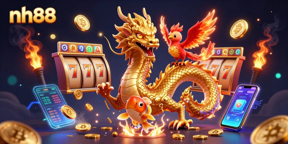 Engage with thrilling casino adventures at nh88, featuring a golden dragon, phoenix, and koi fish.