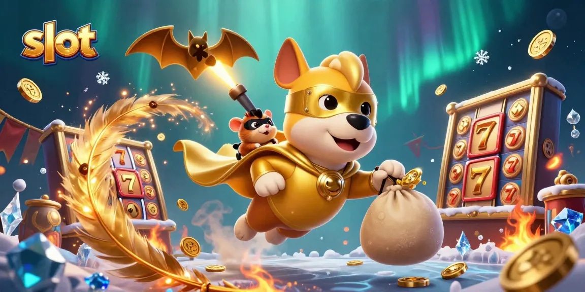 Experience thrilling slot excitement with a cartoon superhero dog and hamster amid gold coins.