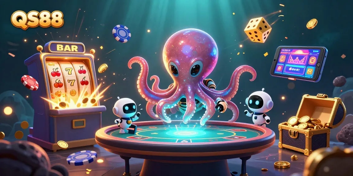 Experience QS88's exciting alien casino with a poker-playing octopus and vibrant slot machines.